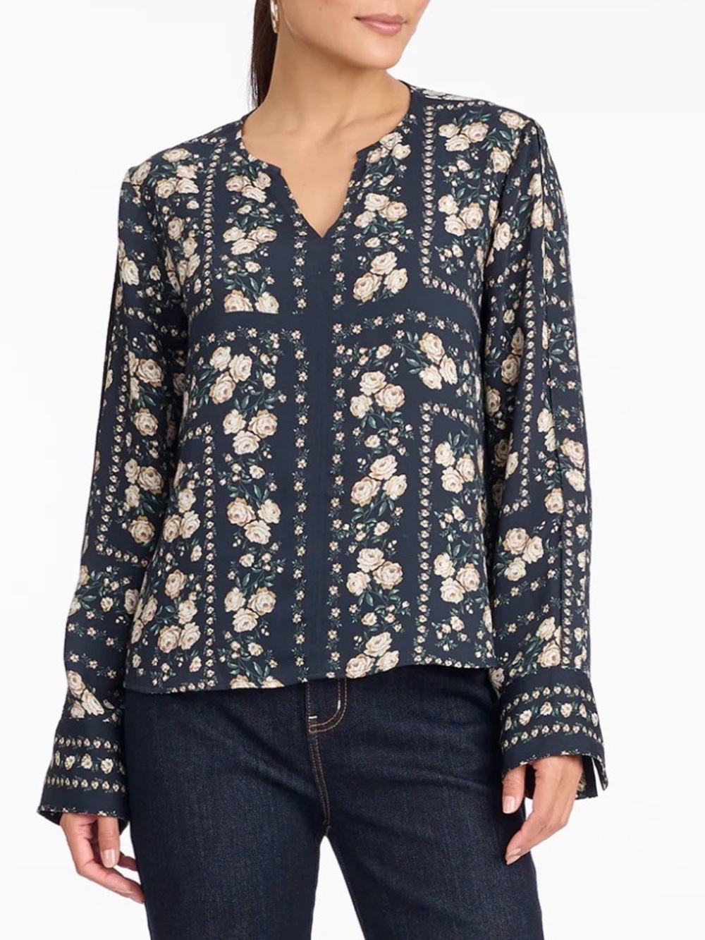 Draper James Navy Cream Floral Split V-Neck Blouse